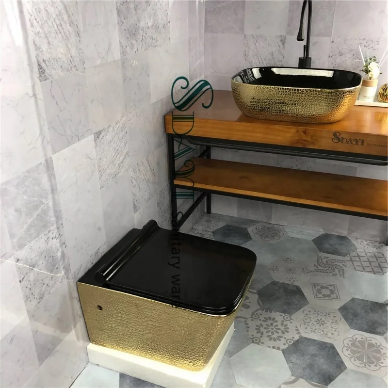 SDAYI Bathroom Ceramic Electroplated crocodile Golden Design Rimless Wall Mounted Gold Plated Toilet