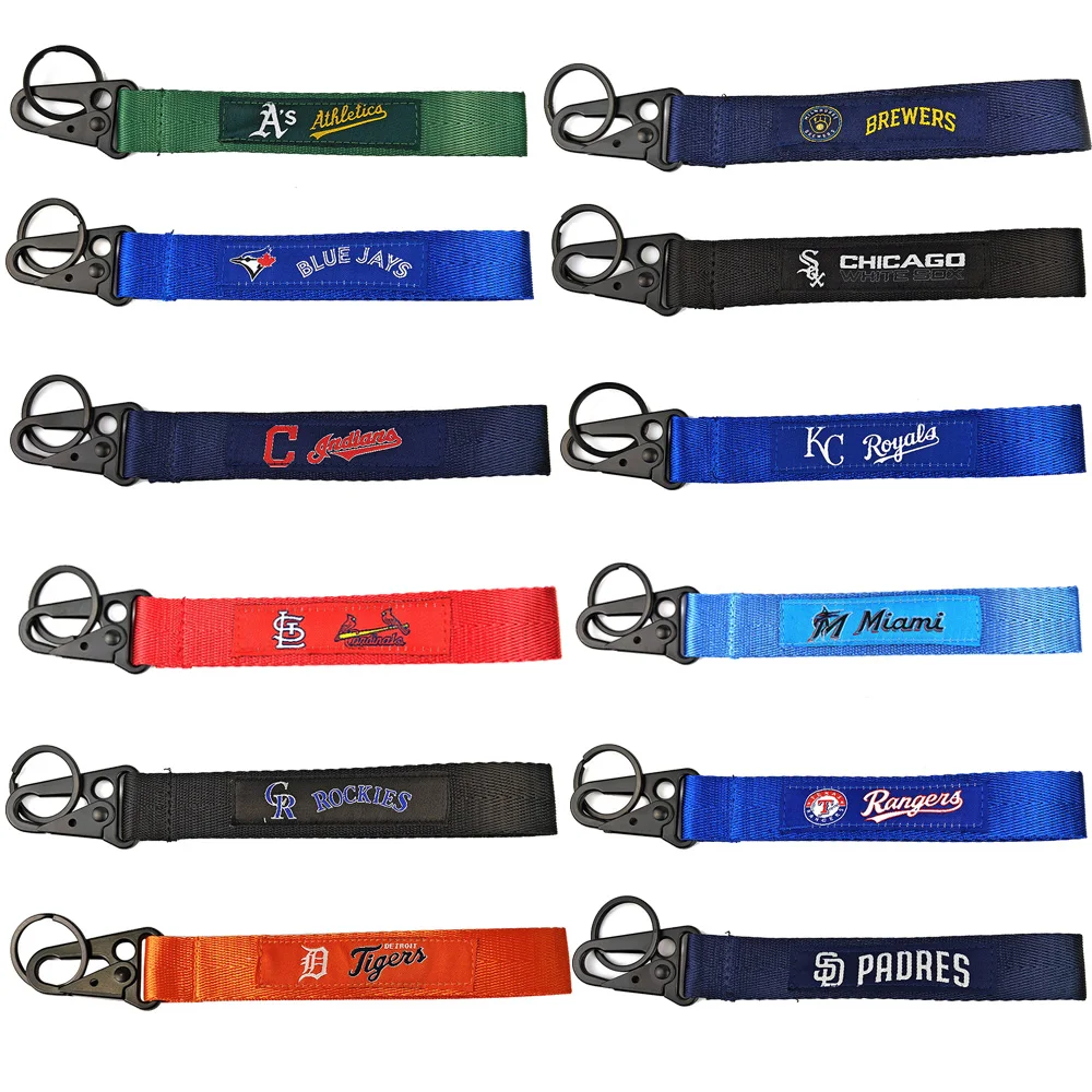 Low price trendy baseball sports ribbon woven mark D buckle embroidered wrist strap key chain short lanyard