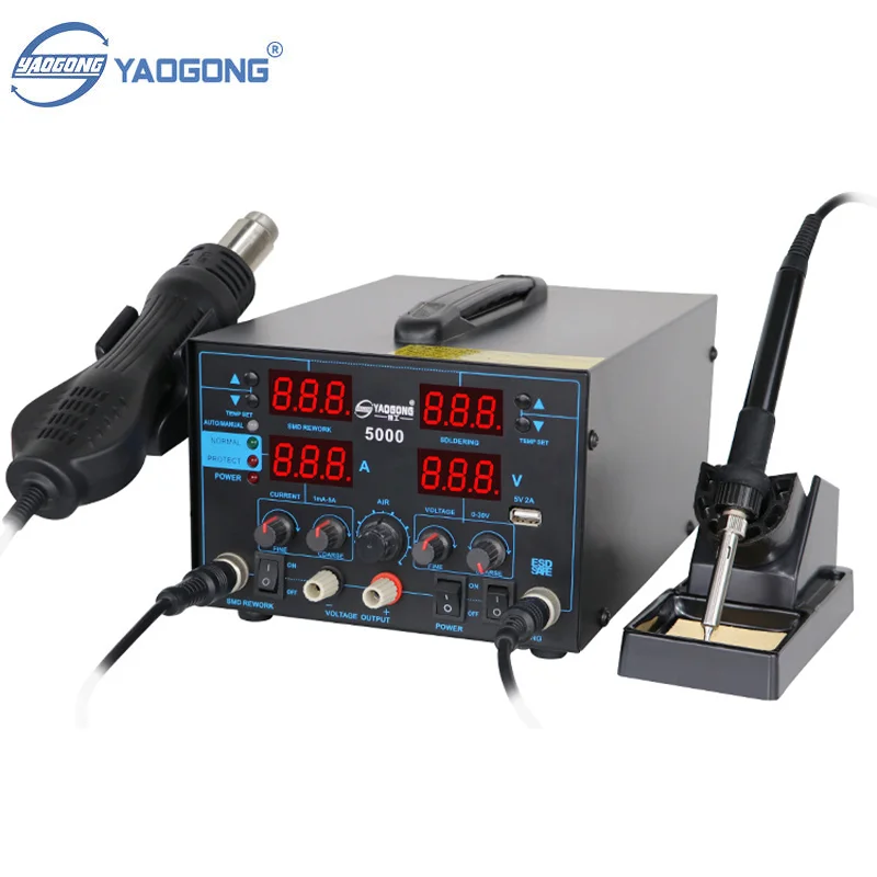 YAOGONG 5000 4 in 1 Rework Station Quarduple Digital Display Heat Gun Soldering Iron Power Supply USB 15V 2A Mobile Repairing