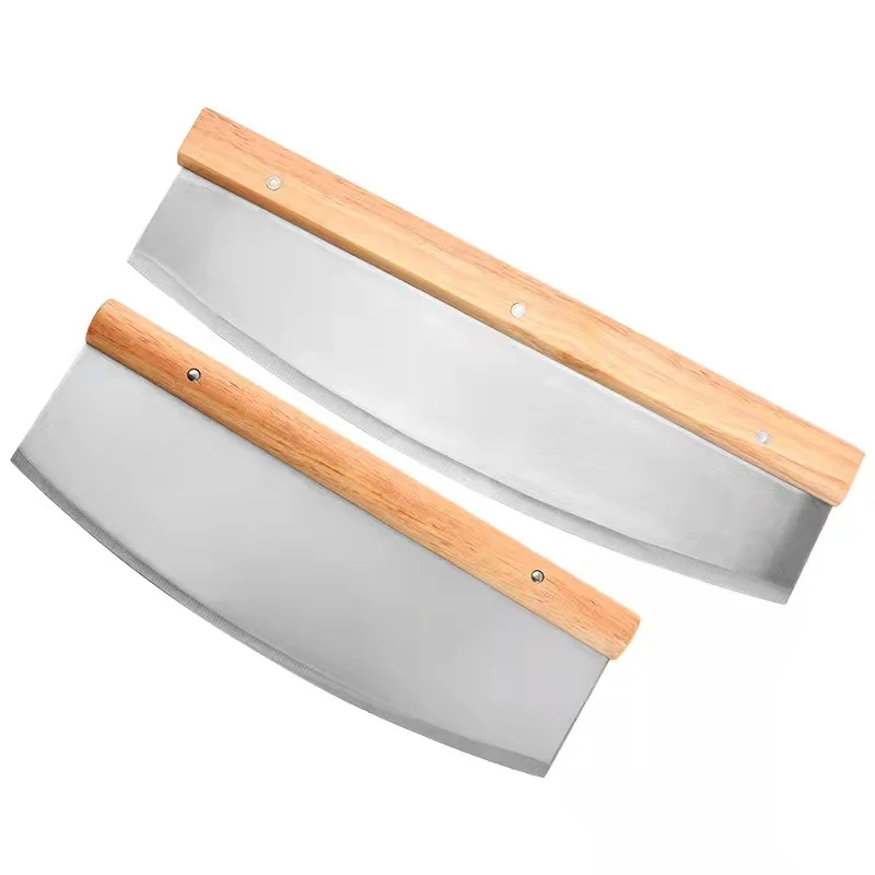 New Design Kitchen Restaurant Baking Tools Stainless Steel Wooden Handle Pizza Cutter Rocker Knife