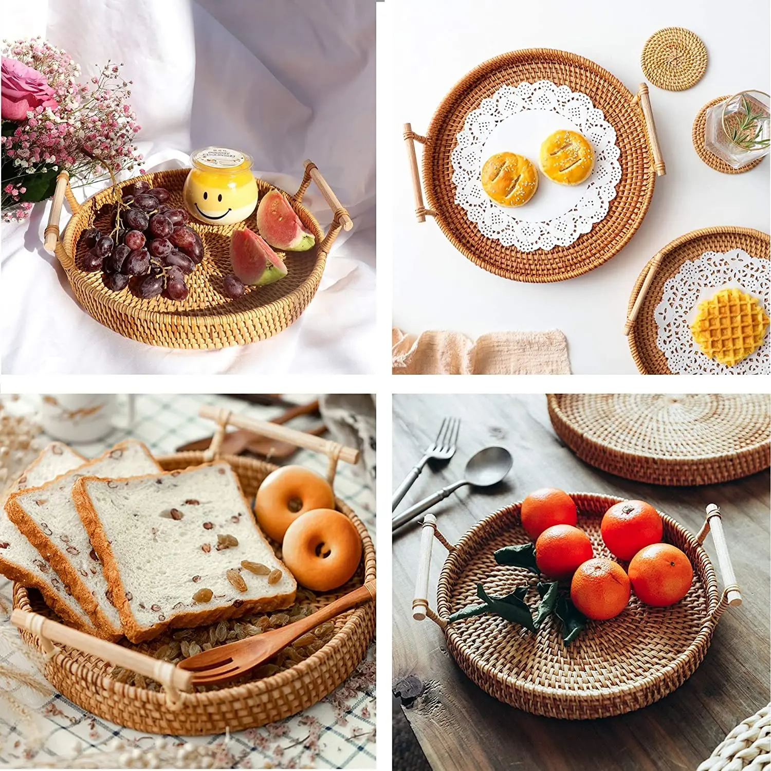 Round Rattan Bread Tray Rattan Serving Tray with Handle for Bread Fruit Food Breakfast