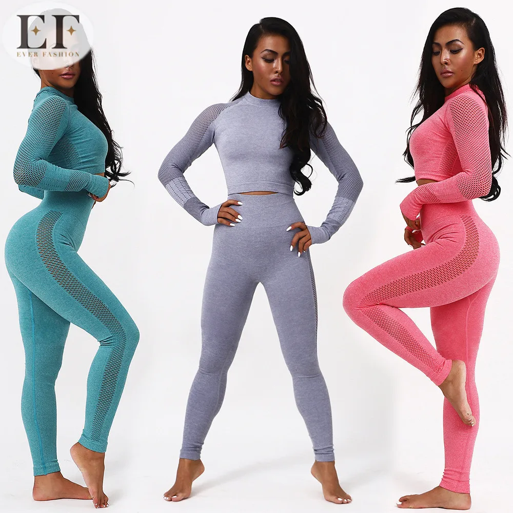 
Ever Fashion Plus Size Women High Waist Fitness Seamless Yoga Wear Long Sleeve Pants Leggings Yoga Gym Set 