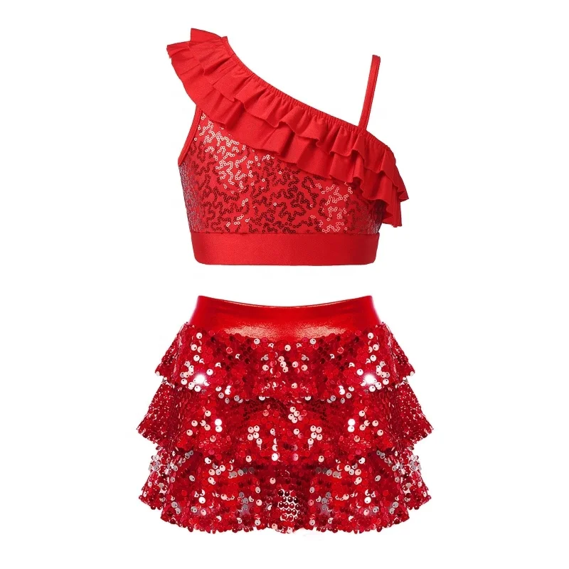6-14 Contemporary Kids Latin Performance Wear Dance Outfit Sequins Ruffle Skirted Shorts Girls Stage Dance Wear