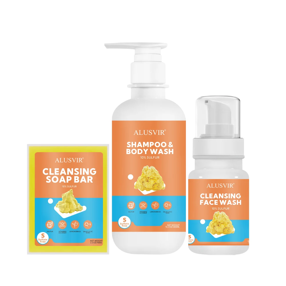 Private Label Skin Care Products Anti Acne Soothe Inflammation Treatment Sulfur Face Cleanser Body Wash Soap Skincare Set