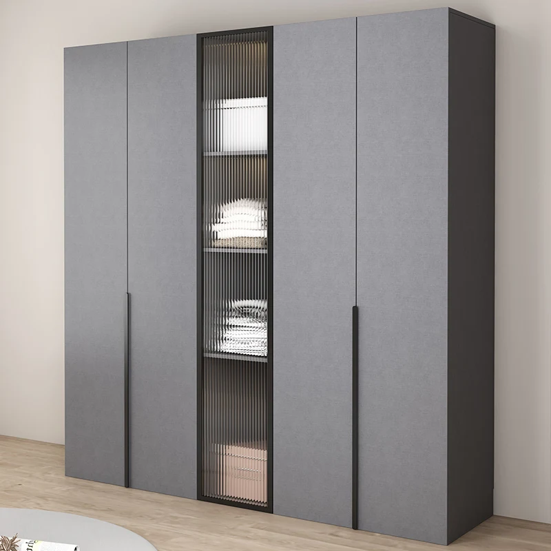 Light luxury wardrobe Household bedroom solid wood small apartment hanging cabinet grey combination wardrobe