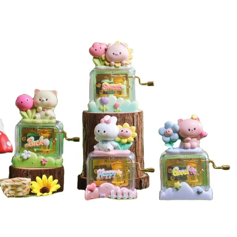 Ever Bright 2024 Cute Resin Mini Hand Crank Music Box Creative animal Happy Birthday interest Gift with Pet for Girls