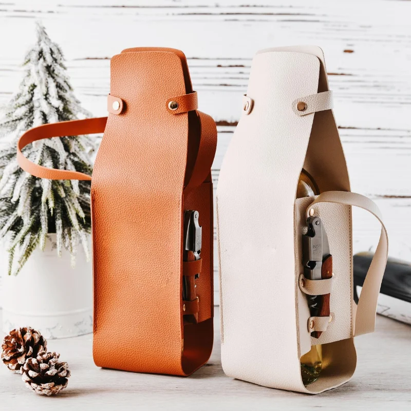 Ready to Ship Vegan Faux Leather Wine Bottle Carrier Bag Holder Corporate Gift Wine Bottle Tote With Opener Holder