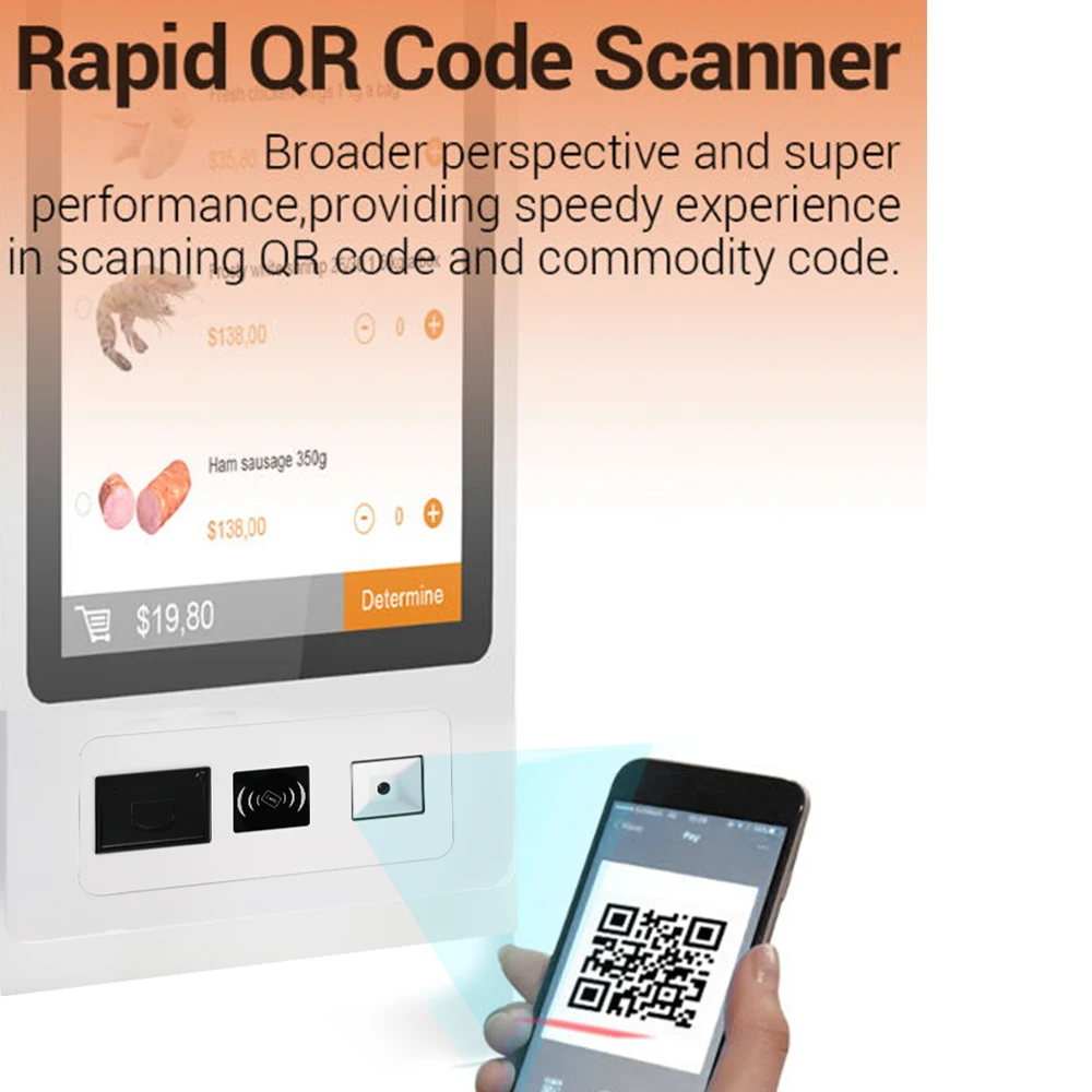 Wall mount 15 16 21 22 24 27 32 inch capacitive touch screen self service payment kiosk with thermal printer QR code reader