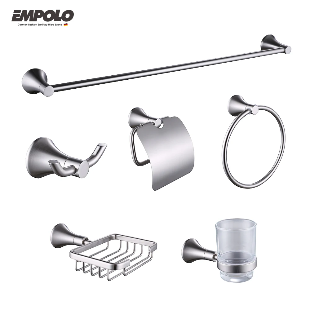 Brushed nickel brass hotel home round design washroom accessories bathroom accessories set 6 piece