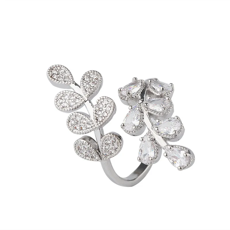  Diamond Vintage Leaves Shape Ring Women Daily Gift Zircon Prong Setting Brass Adjustable Iced Out High Quality Jewelry
