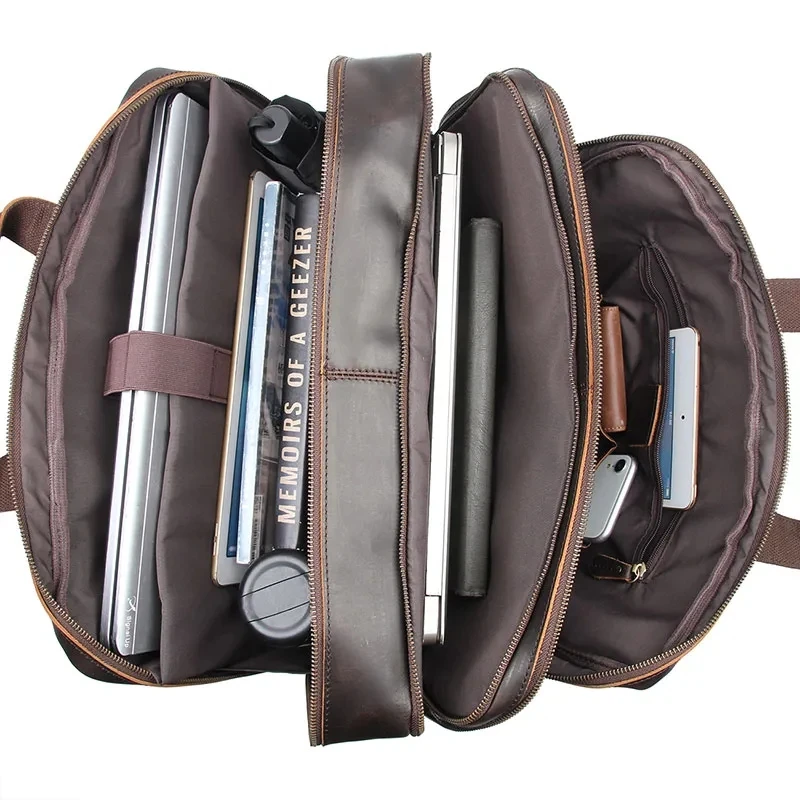 Vintage Retro Crazy Horse Genuine Leather Briefcase For Men Cowhide 17 Inch Laptop Messenger Business Bags