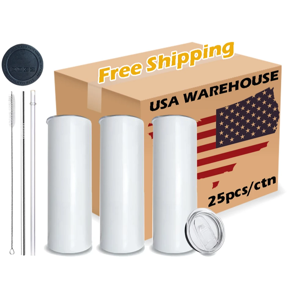 USA warehouse double wall sublimation blanks mugs Stainless Steel Tumblers with Straw and Rubber Bottom
