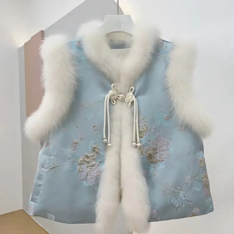 Custom Girls Plus Size waistcoat V-neck Genuine Fox Fur Vest with Denim Goose Down Cotton Filling Short Length at an Price