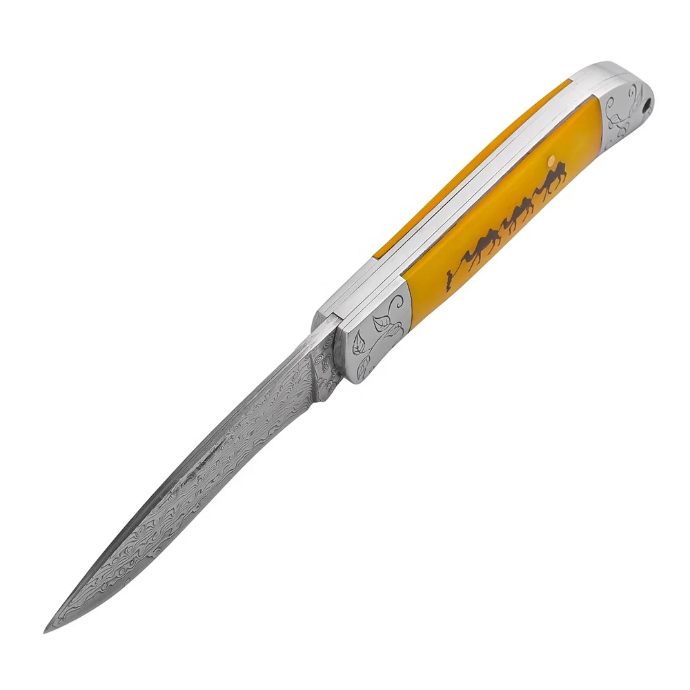 Wholesale Damascus Steel Folding EDC Knife Bone Handle Camping Survival Pocket Knife