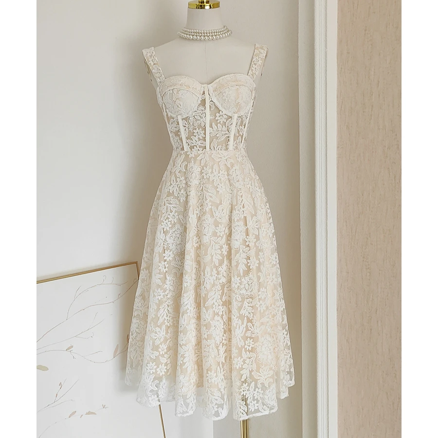 Elegant Summer New Dress Mesh Embroidery Perspective Strap Waist Slimming Dress