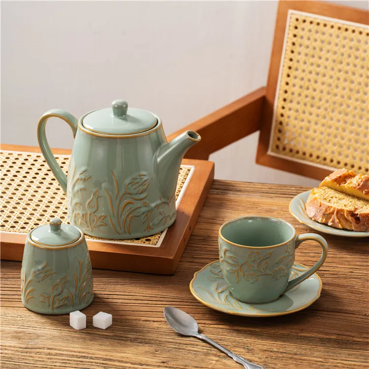 Chinese oriental luxury unique flower embossed vintage teapot ceramic cup saucer mug sets floral coffee and tea set