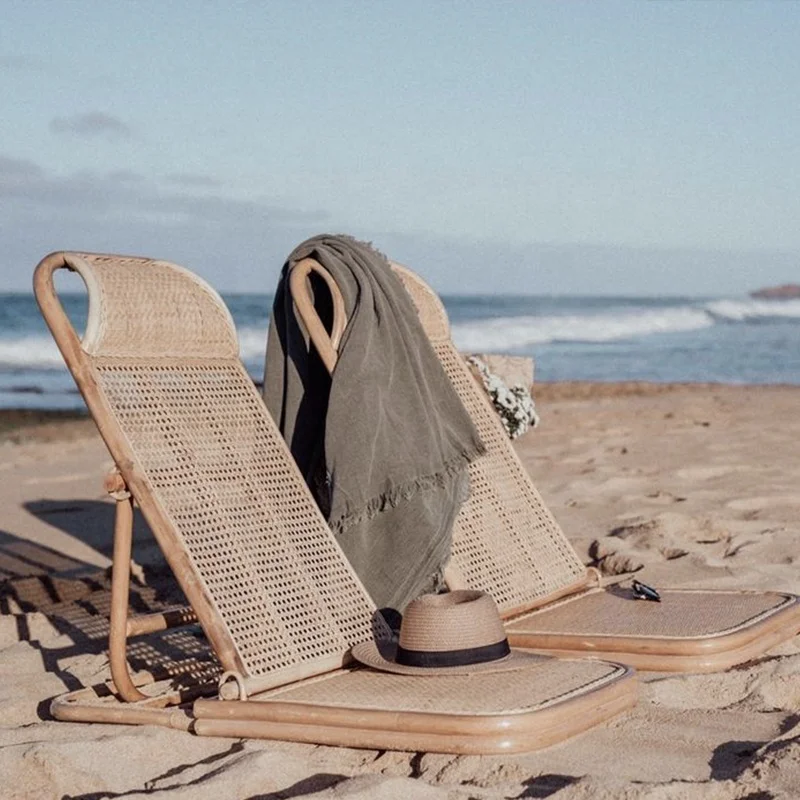 Bali Outdoor Portable Foldable, Handmade Natural Rattan Woven Backrest Recliner Sun Lounge Lightweight Backpack Beach Chairs/