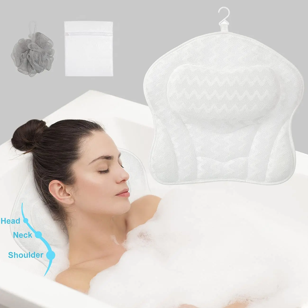 Neck Support Luxury Anti-Slip 4D Mesh Bath Tub Non Slip Spa Wasable Bath Pillow for Tub Head Rest