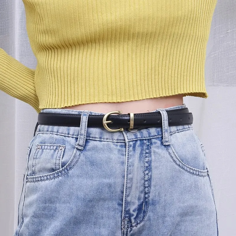 Woman PU Belt Fashion Antique Gold Pin Buckle Black Jeans Leather Waist Belt Student