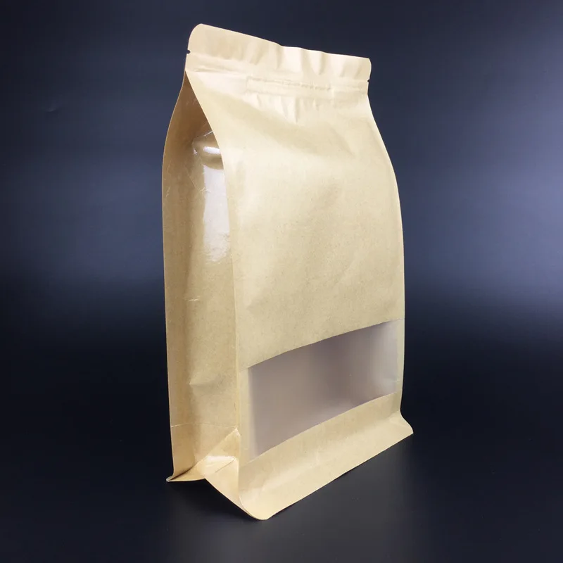 In Stock 10x20cm White Package Zip Zipper Foil Lined Brown Beans Packaging 8 Side Seal Flat Bottom Paper Kraft Bag With Window