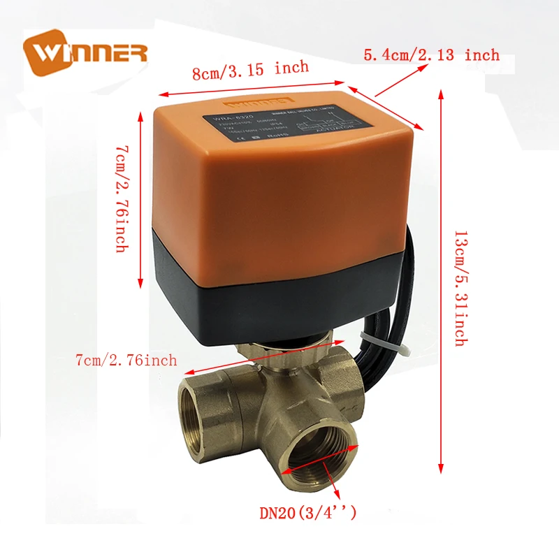 Winvall WRA-4212 DC Operated 12V Electric Actuator 3 Way Brass Ball Valve Gardening Irrigation Motorized Water Valve