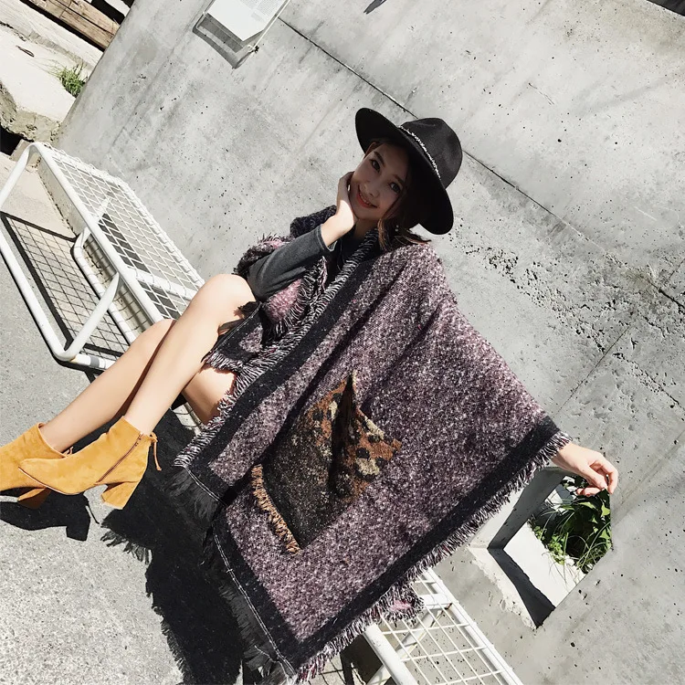 D1111  Women Cashmere Oversized Scarf Pocket Blanket Scarf Wrap Leopard Printed Winter Shawl Scarf