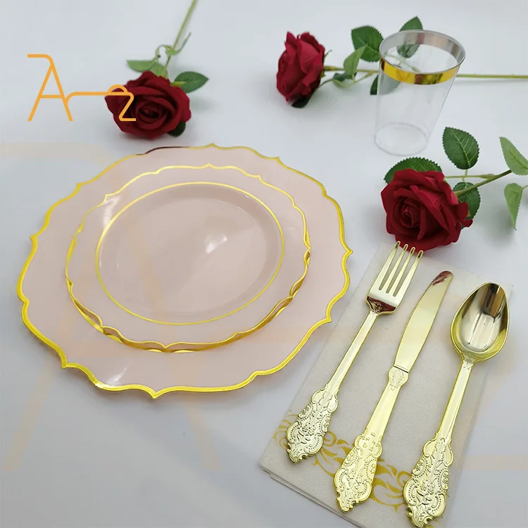 Wholesale pink plastic dinner charger plates dinnerware sets with napkin spoon fork knife cup party supplies disposable plates