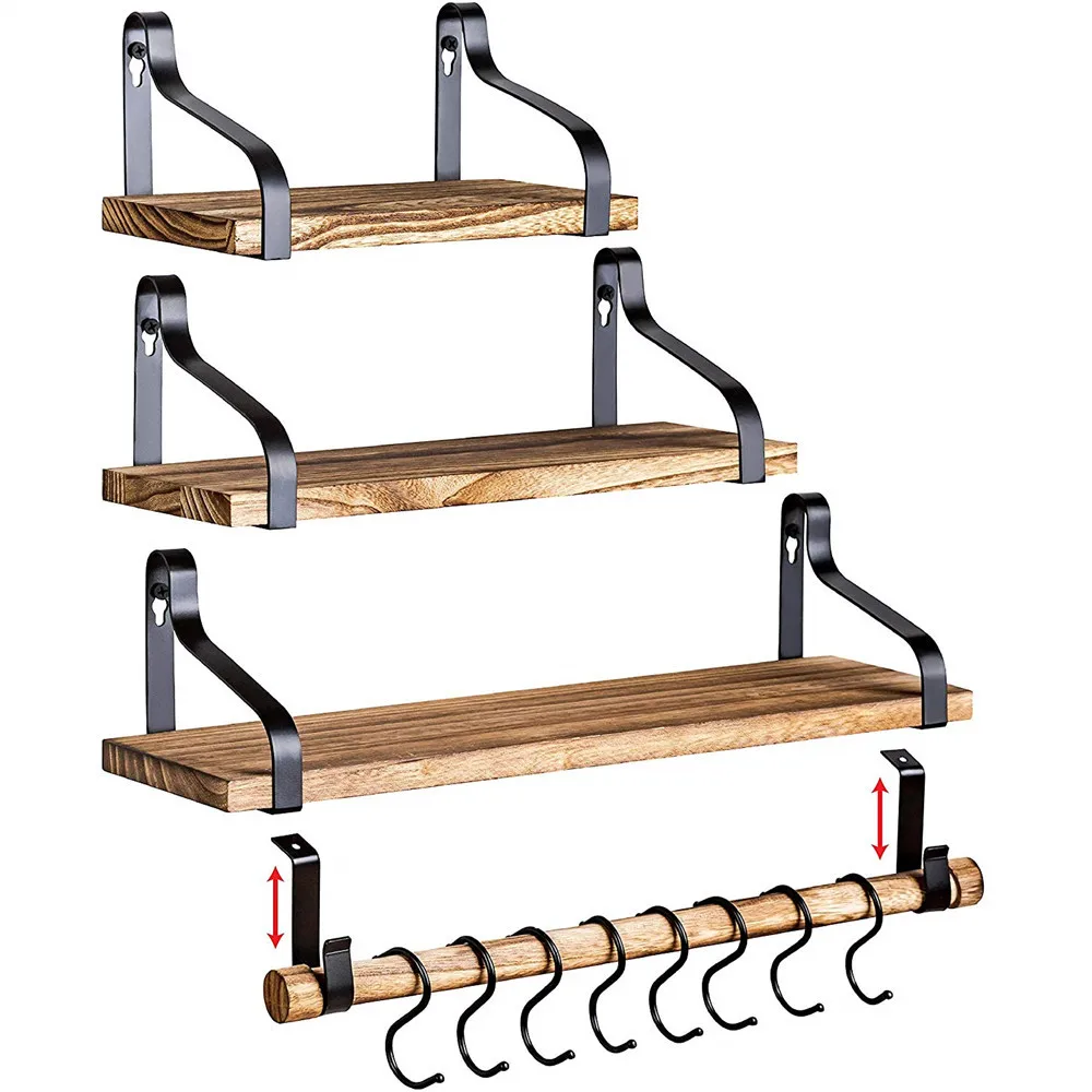 Floating Shelf Wall Shelf For Storage Rustic Wood Kitchen Spice Rack with Towel Bar and 8 Removable Hooks