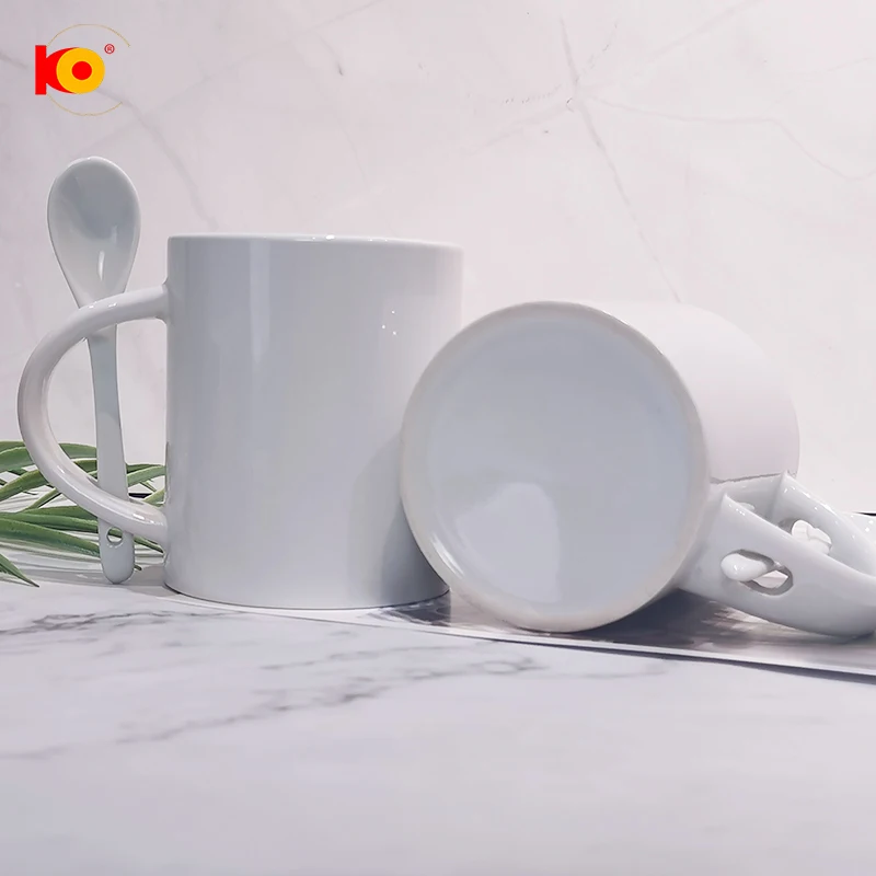 Promotional Advertising 11oz white ceramic mug coated sublimation mug with spoon