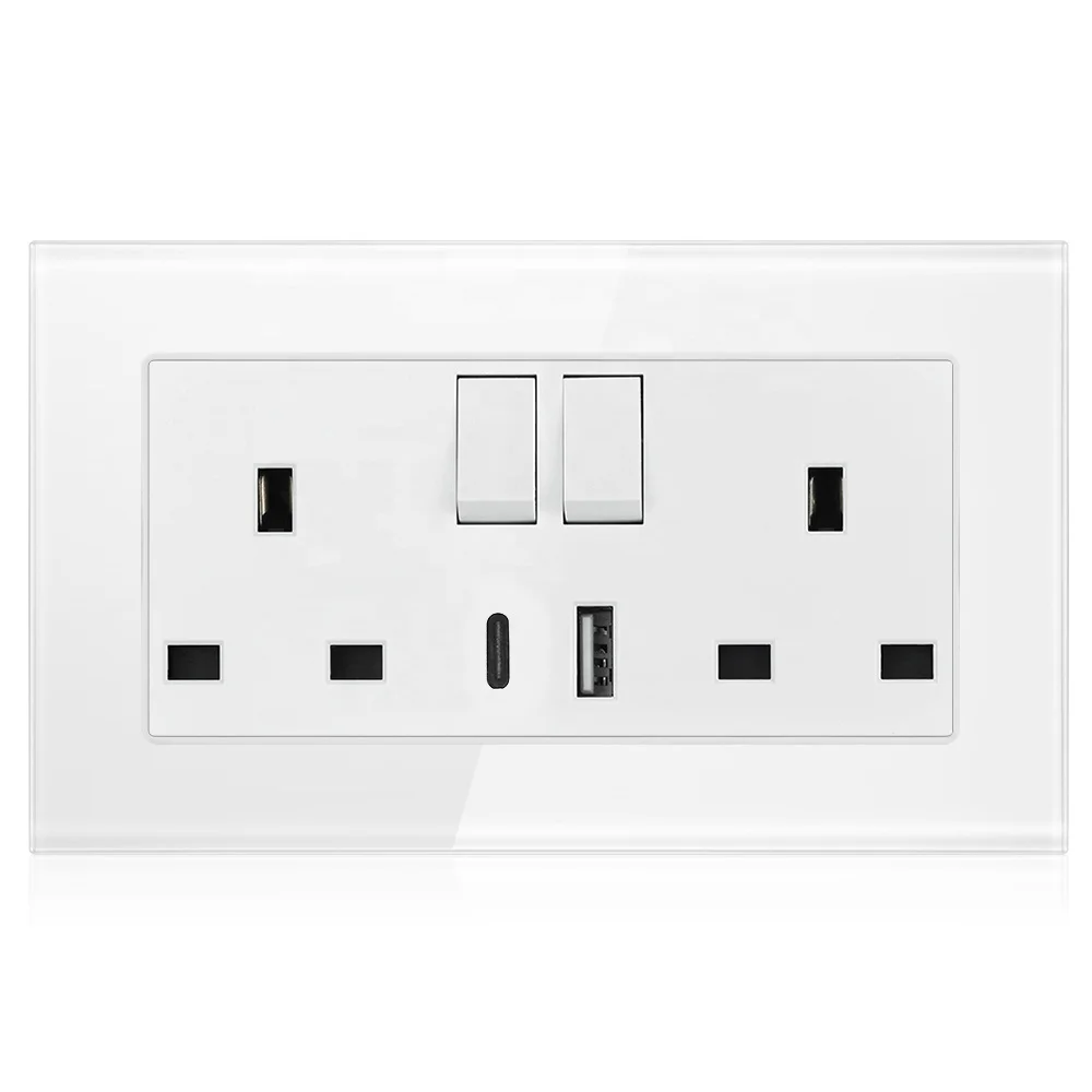 Universal Uk Twin Wall Power Socket With Usb C Type Lighting Switch