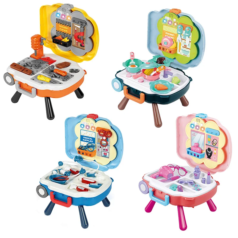Portable Trolley Suitcase Preschool Educational Plastic Learn Toy Set Doctor Engineer Tool Kitchen & Make Up for Children
