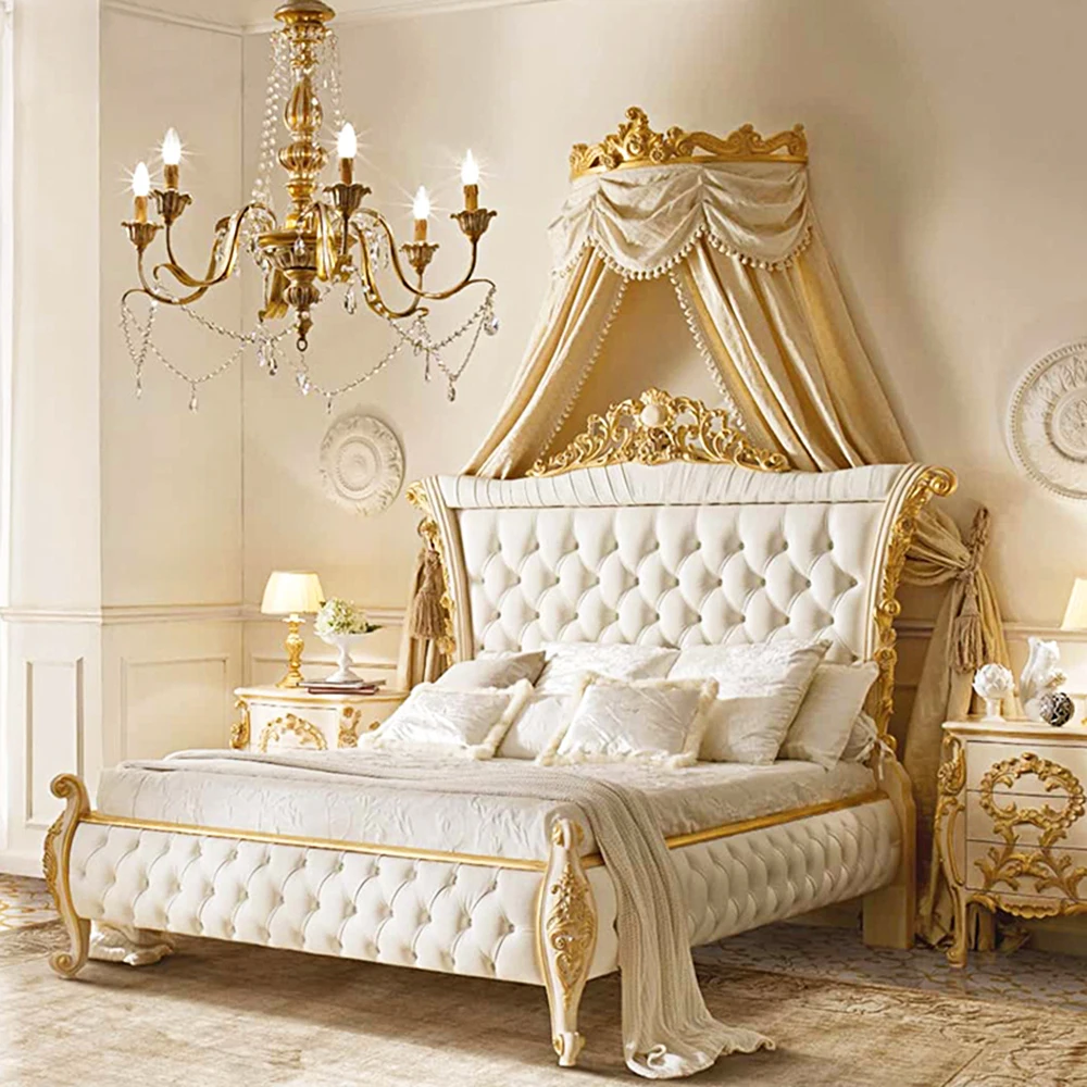 Classic Vintage French Provincial Inspired White and Gold Tufted Hand Carving Bed King Size