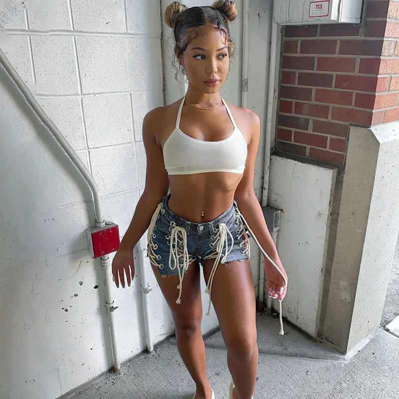 summer new style hot girls wear corns bound jeans women high-waisted sexy slim shorts bandage  jeans