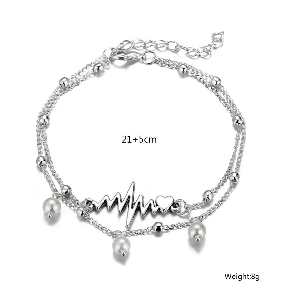Personality Holiday Beach ECG Heart Ankle Bracelet Bohemian Double Layer Pearl Silver Anklet For Women