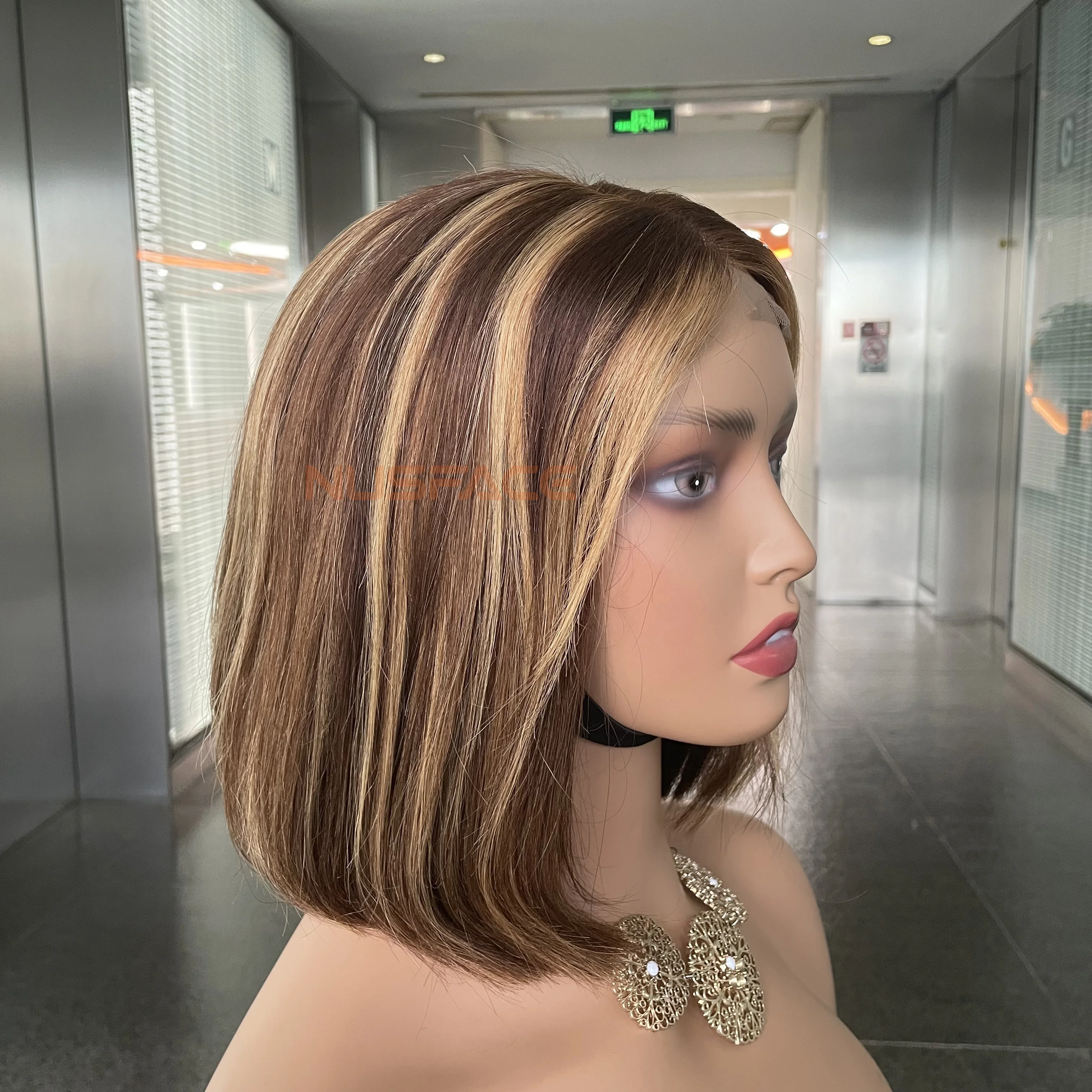 highlight 1b honey brown color straight bob human hair lace front wig,10inch highlighted piano bob wig