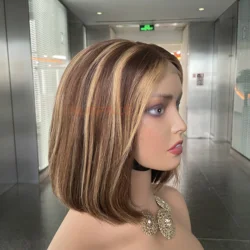 highlight 1b honey brown color straight bob human hair lace front wig,10inch highlighted piano bob wig