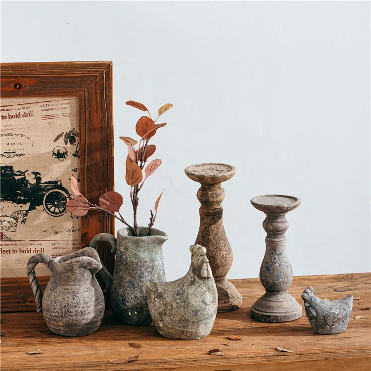 Retro Style Handmade Decal Design Jug Shape Home Goods Decorative Cement Decor Vase Flower Vases with Handle