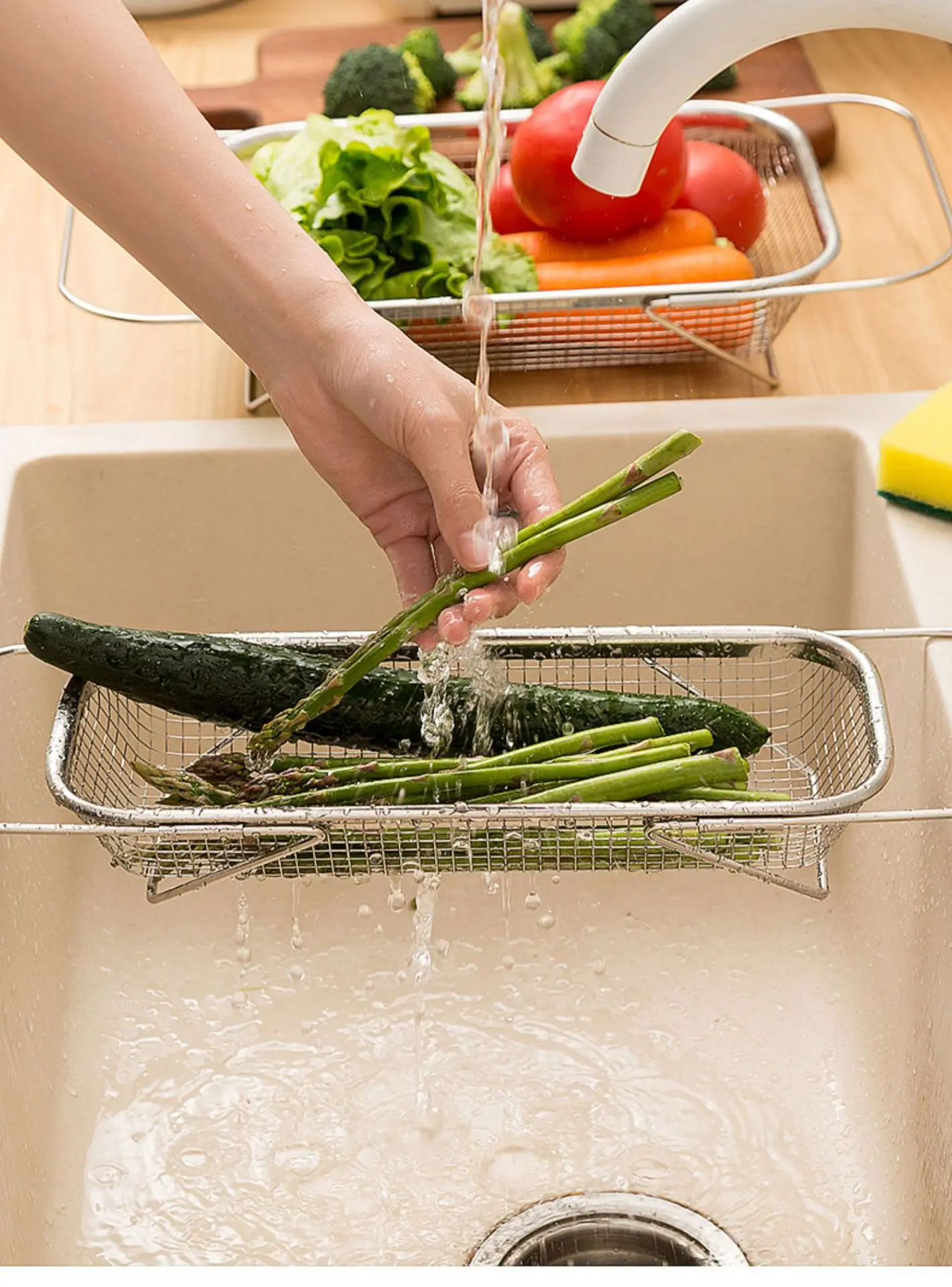 Retractable Stainless Steel Drain Basket Dishwashing Kitchen Organizer Sink Rack with Fruit Vegetable Filter Basket Holder