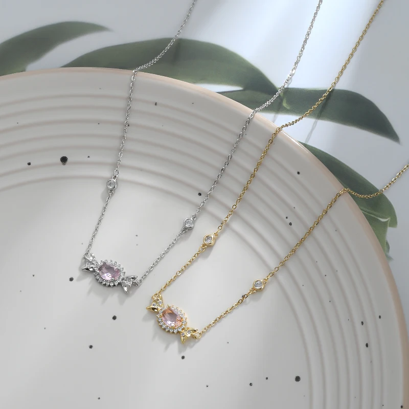 xl63718 Genuine Gold Electroplated Zircon Set Clavicle Chain, Sweet and Fashionable Pink Zircon Candy Necklace for Women