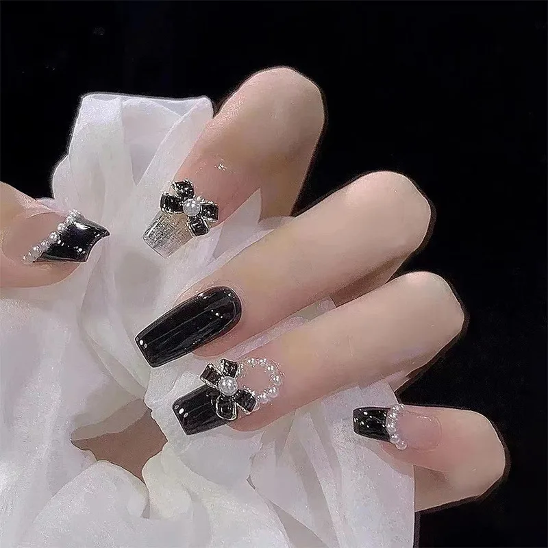 Bow Manicure Patch Black and White little fragrance Pearl diamond French bow tie explosive white wear nail