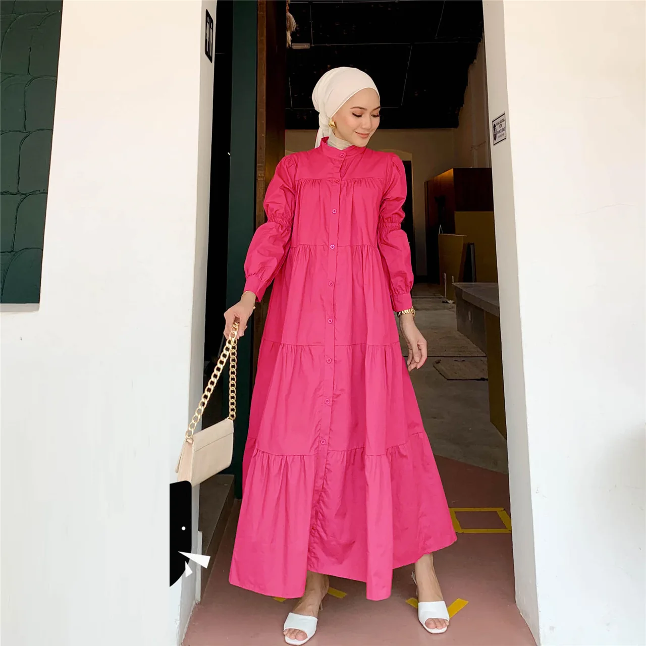 2024 Indonesia Muslim Solid Casual Dress Loose Daily Crew Neck Dress Cotton Patchwork Abaya Dress Kaftan with Buckle