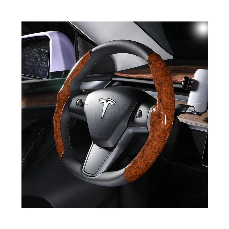 Luxury classic peach wood grain leather steering wheel covers for tesla model 3 y suede carbon fiber car handle case wholesale