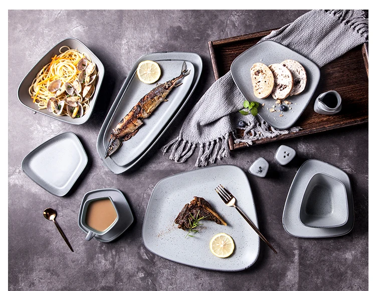 ShengJing Japanese Korean Rustic Light Grey Speckled Porcelain Household Restaurant Pasta Salad Dinnerware Deep Plate