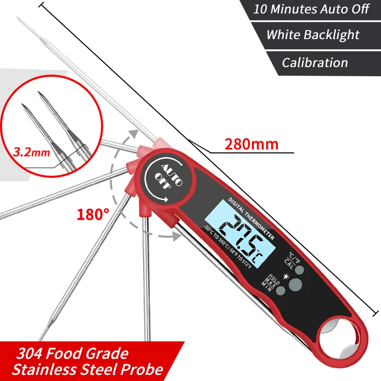 Digital Instant Fast Read Waterproof Meat bbq Thermometer Kitchen Thermometer with Foldable Probe  Bottle Opener