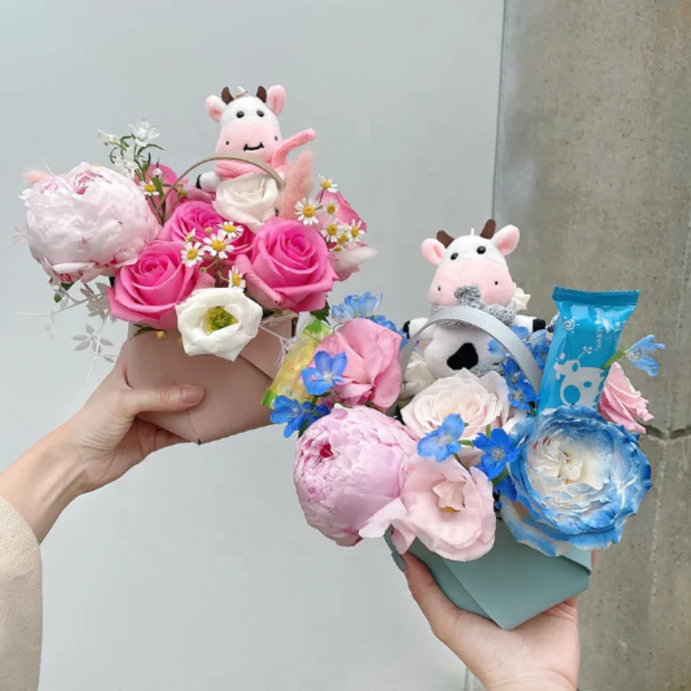 PU Leather Flower Holder Customizable Bouquet Basket Arabic Wedding Decorations Wedding Candy Package Bags Flowers Box