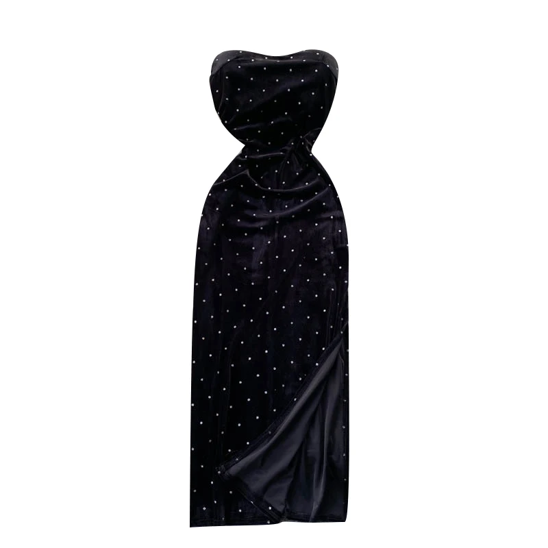 Strapless Square Collar Solid A-Line Dress Summer Slit Velvet High Waist Maxi Dress Ladies Casual Dress Clothes Women Wholesale