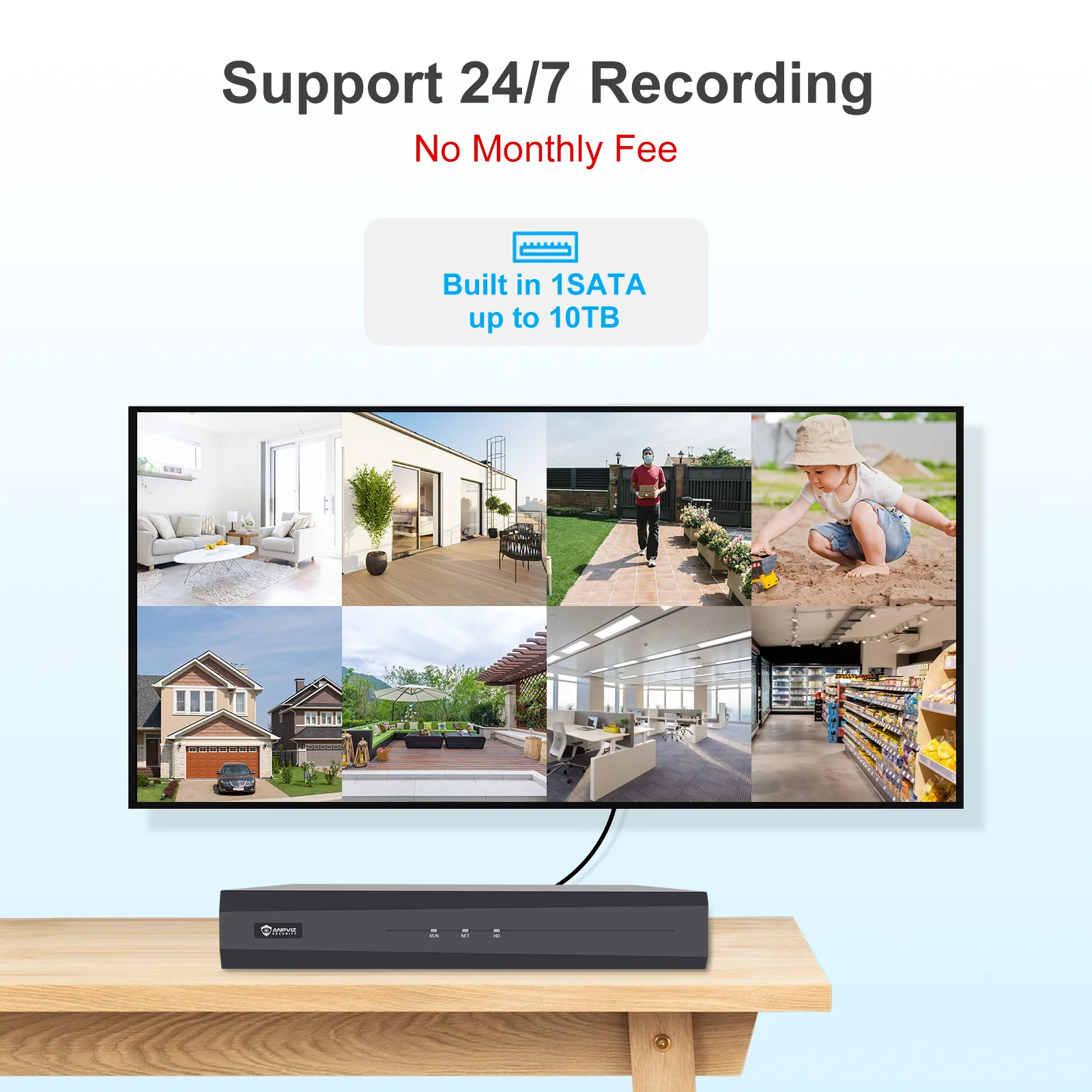 ANPVIZ 4K 8CH POE NVR H.265 Multi-language Smart function Up to 1SATA MAX 10TB HD 4K Playback Network Video Recorder