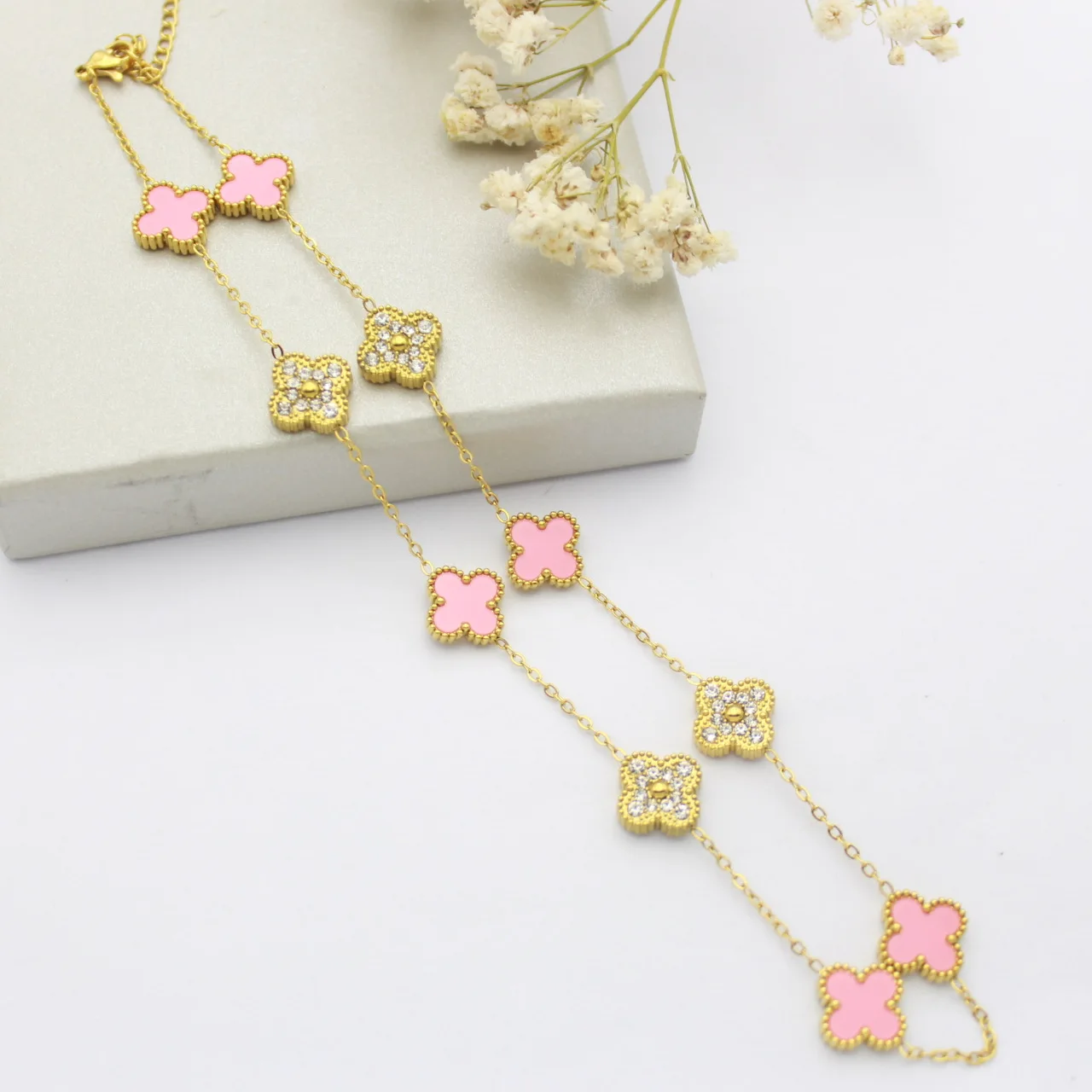 WY Popular 10 Flower Full Diamond Double-sided Four-leaf Clover Necklace Luxury Fashion Jewelry Pendant Stainless Steel Necklace