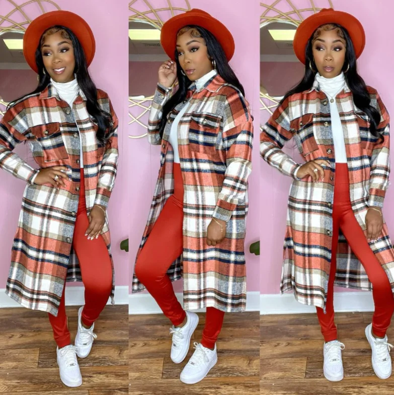 Factory wholesale winter jacket high quality women cardigans Long plaid jacket women