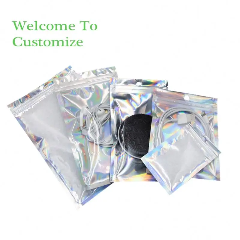 Moq 100pcs Wholesale Printed Holographic Foil Ziplock Packaging Plastic Mylar Bags For Food With Zipper Free Samples